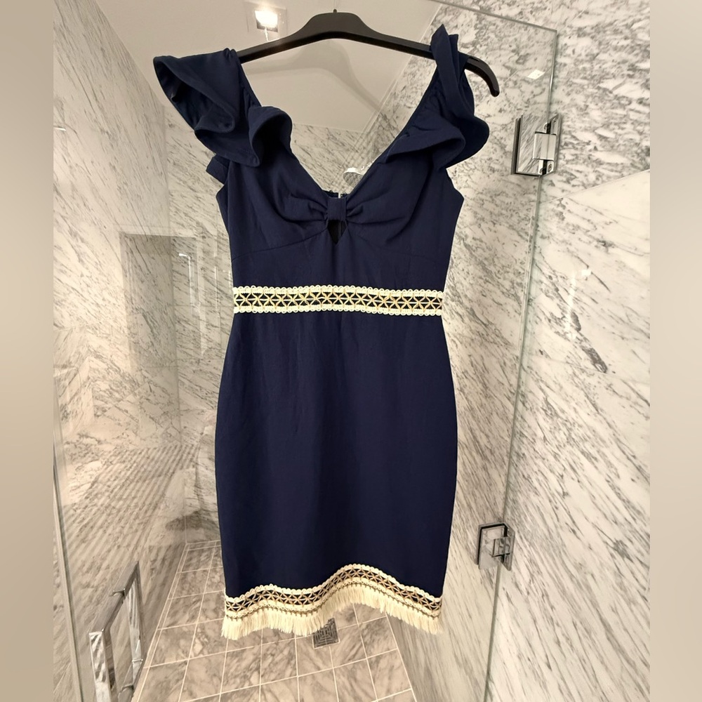 PatBO NEW Navy Ruffle Mini Dress w/ Crochet Waist & Fringe Hem | Size 4 - Picture 2 of 9